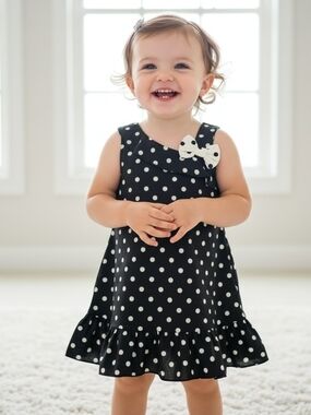 Toddler Girl Black Retro Polka Dot A-Line Sleeveless Dress White Bow Ruffle Hem